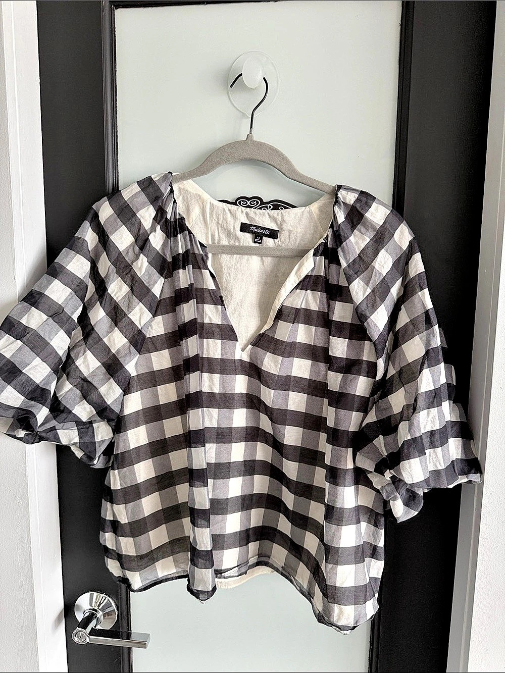 Madewell Checkered Linen Blouse in Black & White Size 12 Like New